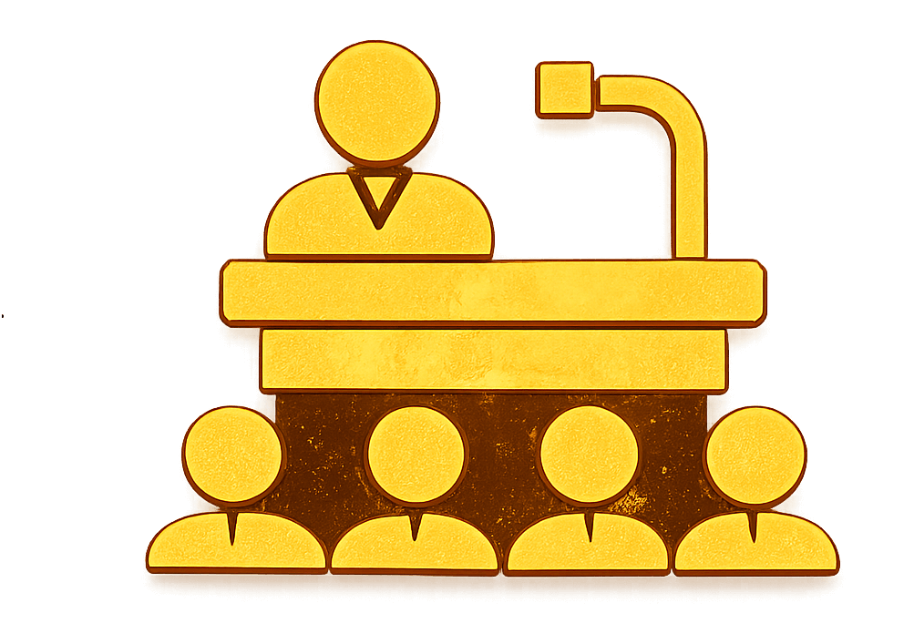 Icono de orador dorado y audiencia